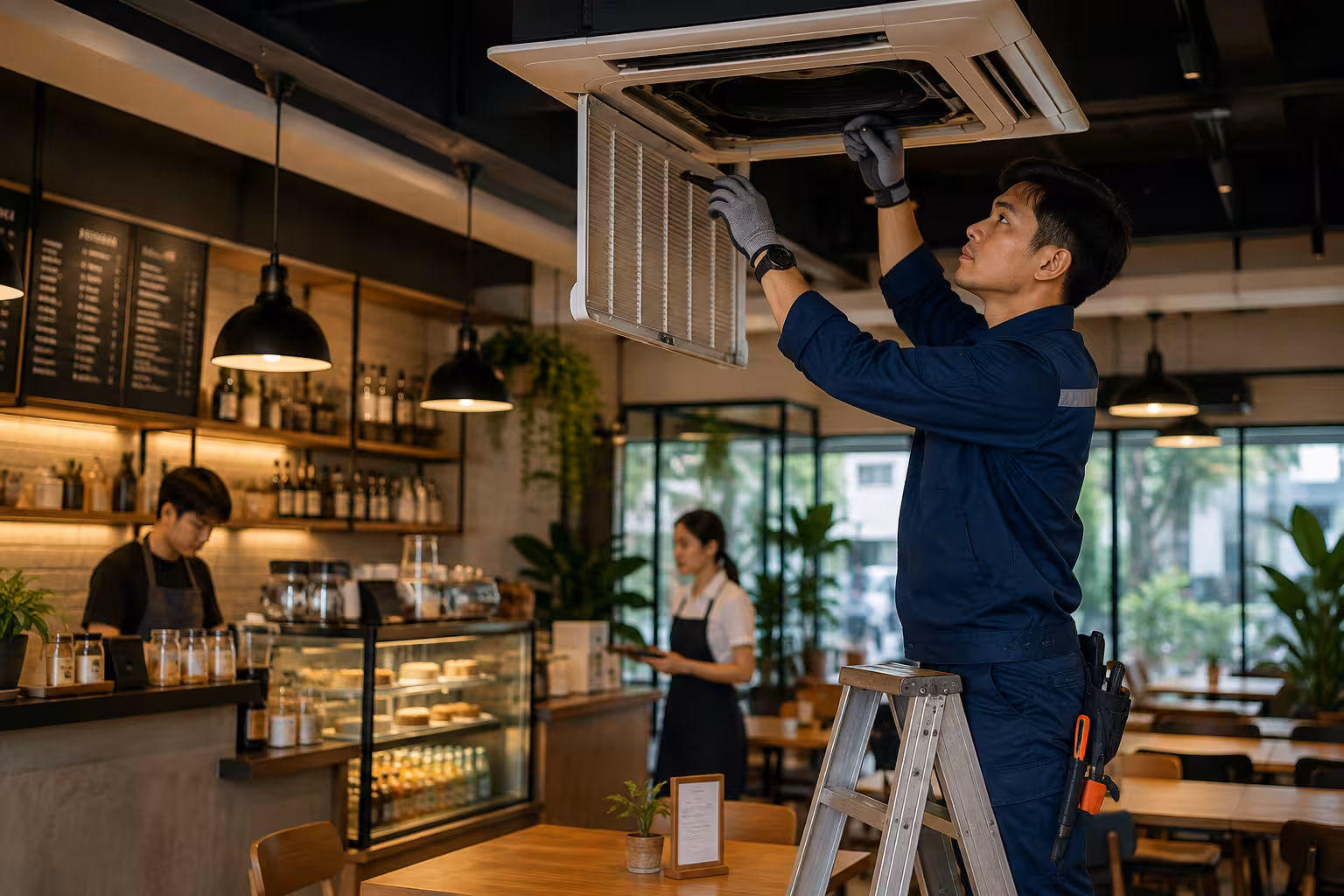 A ProChang technician servicing building systems at a business customer's premises